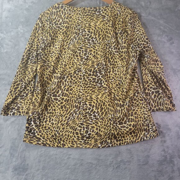 Pappagallo Women Leopard Print Top L Brown Black Animal Print 3/4 Sleeve Stretch - Picture 5 of 7
